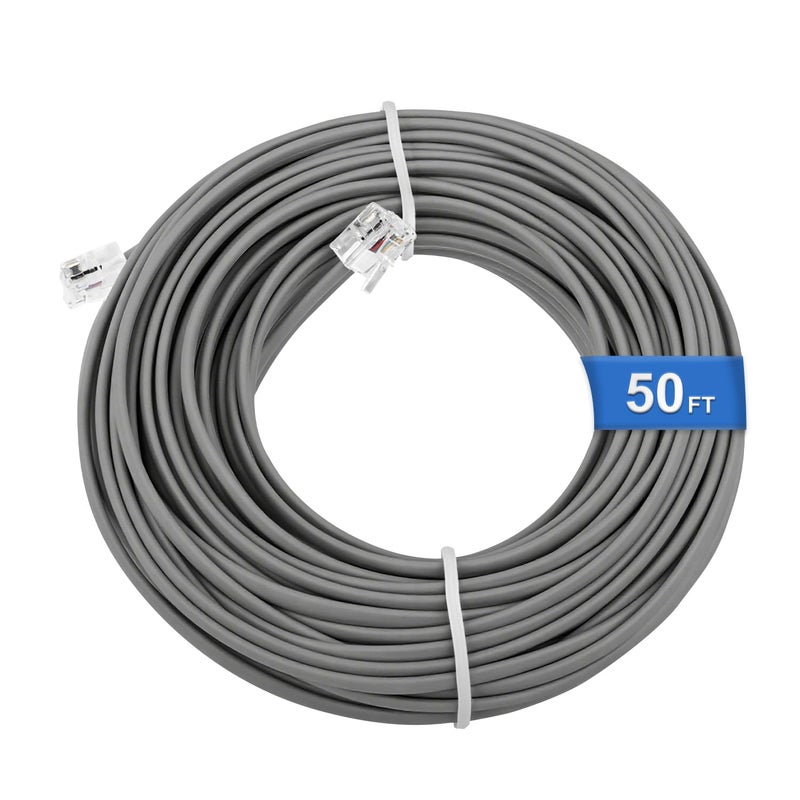 Uvital خط تمديد الهاتف، 50 قدم سلك تمديد هاتف رمادي طويل، كابل سلك RJ11 6P4C للهاتف للاستخدام المنزلي/المكتبي - Image 1